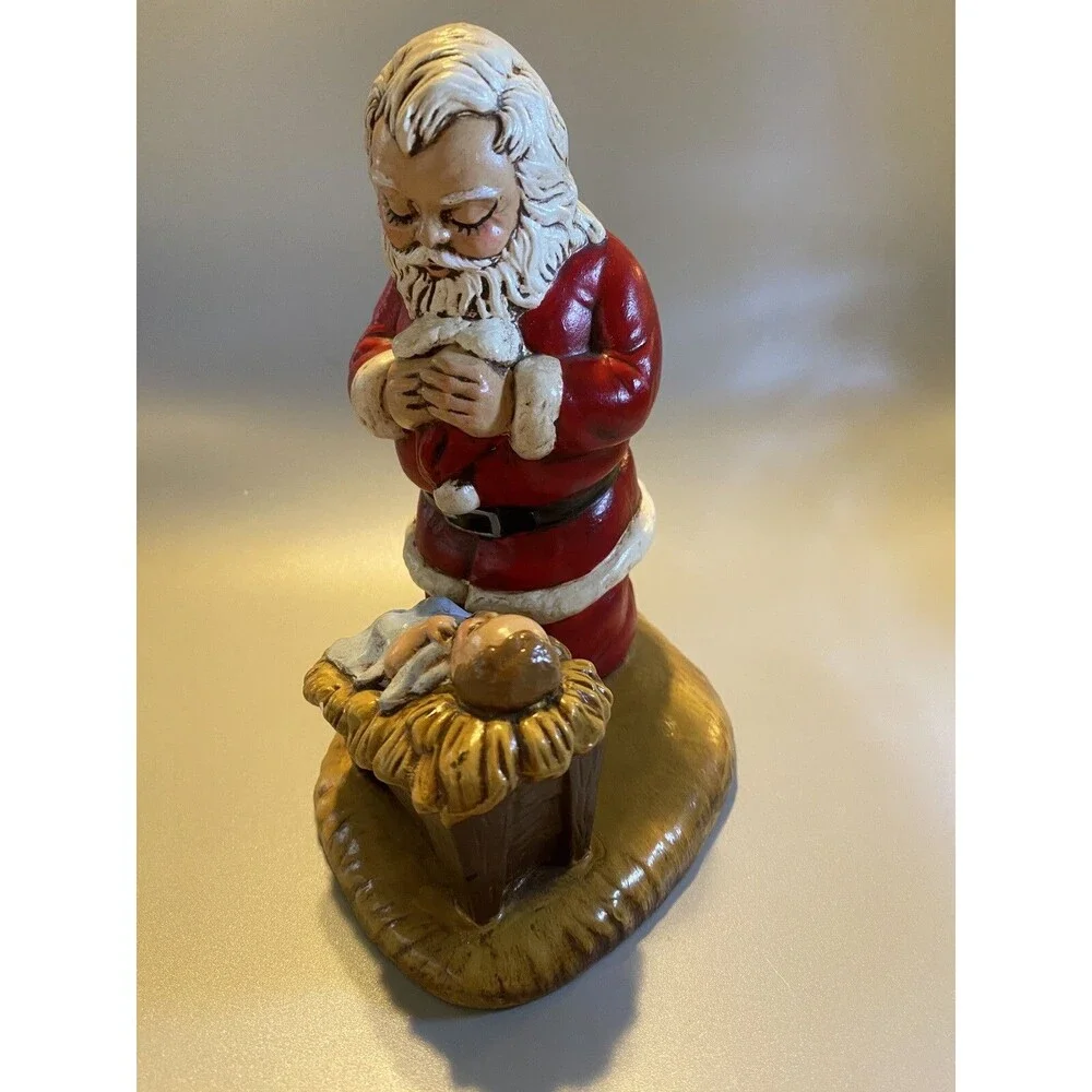 VTG 1984 Provincial Ceramic Mold Santa Claus Kneeling Over Baby Jesus Figurine